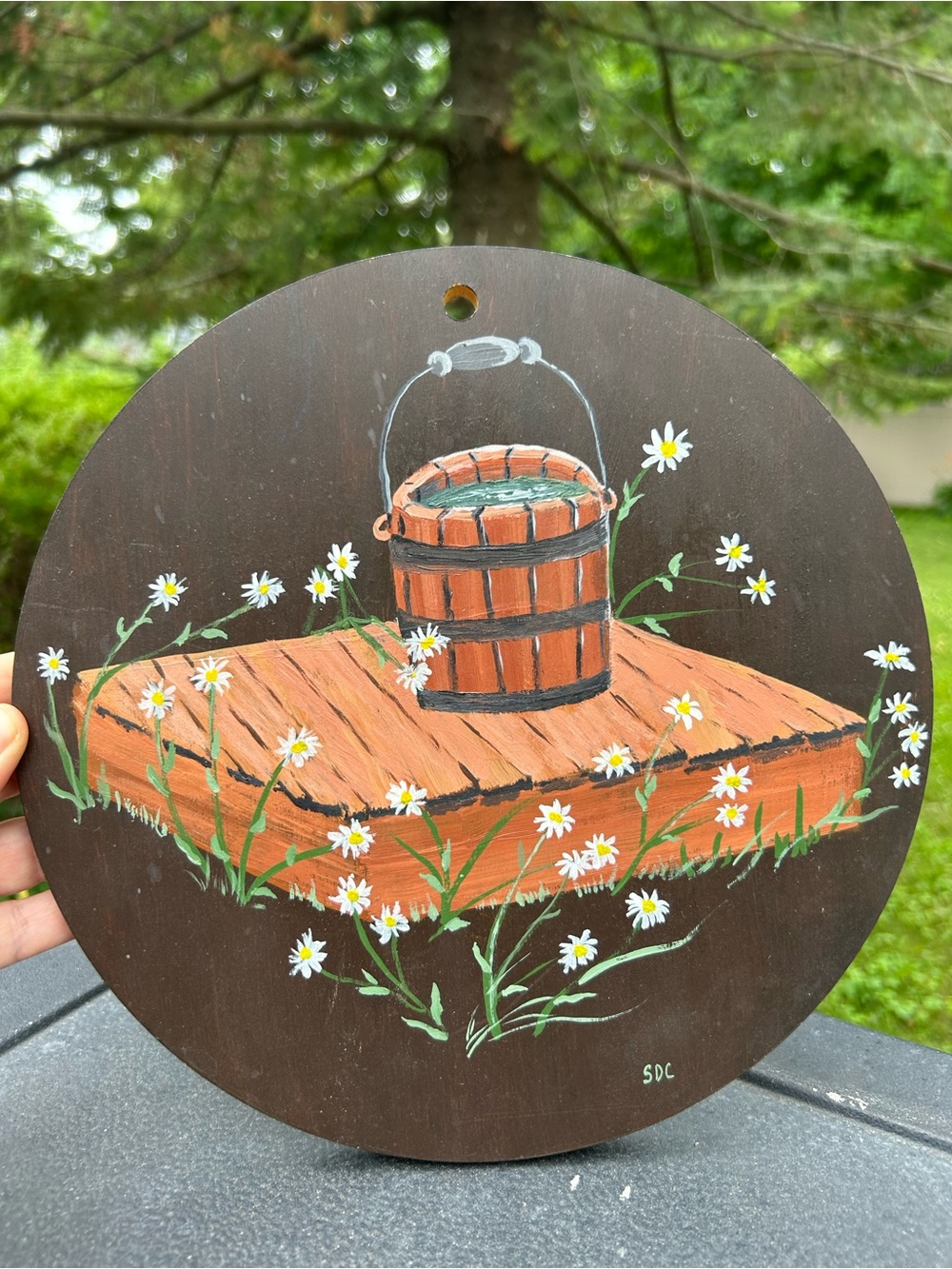 Vintage Art Hand-Painted Rustic Daisy Bucket Gallery Wall Wood Round Signed 10”